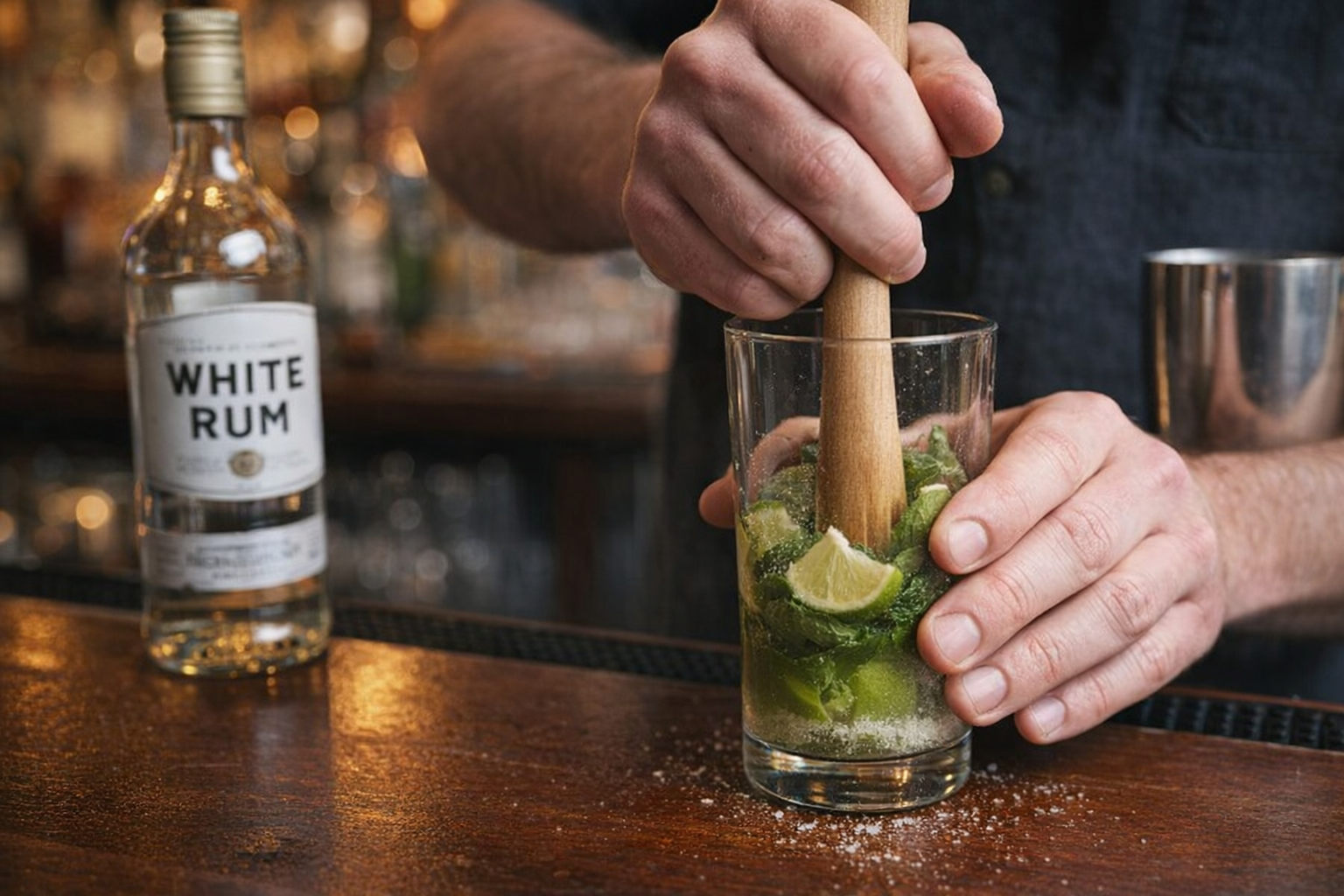 An action shot of a bartender muddling mint leaves, lime wedges, and sugar in a highball glass, with the bottle of white rum and a shaker visible in the background, bar lighting